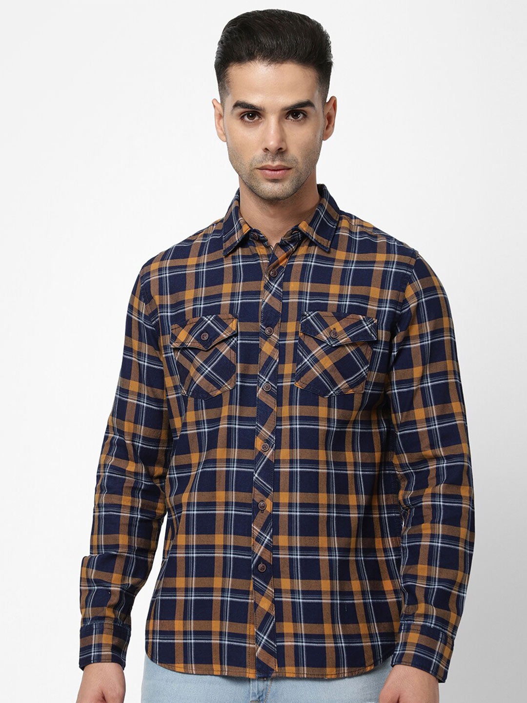 

R&B Men Navy Blue Tartan Checks Checked Casual Shirt