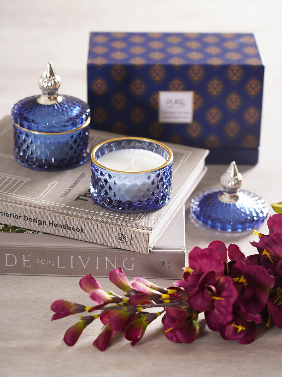 

Pure Home and Living Set of 2 Blue Textured Wax Filled Candle Holders