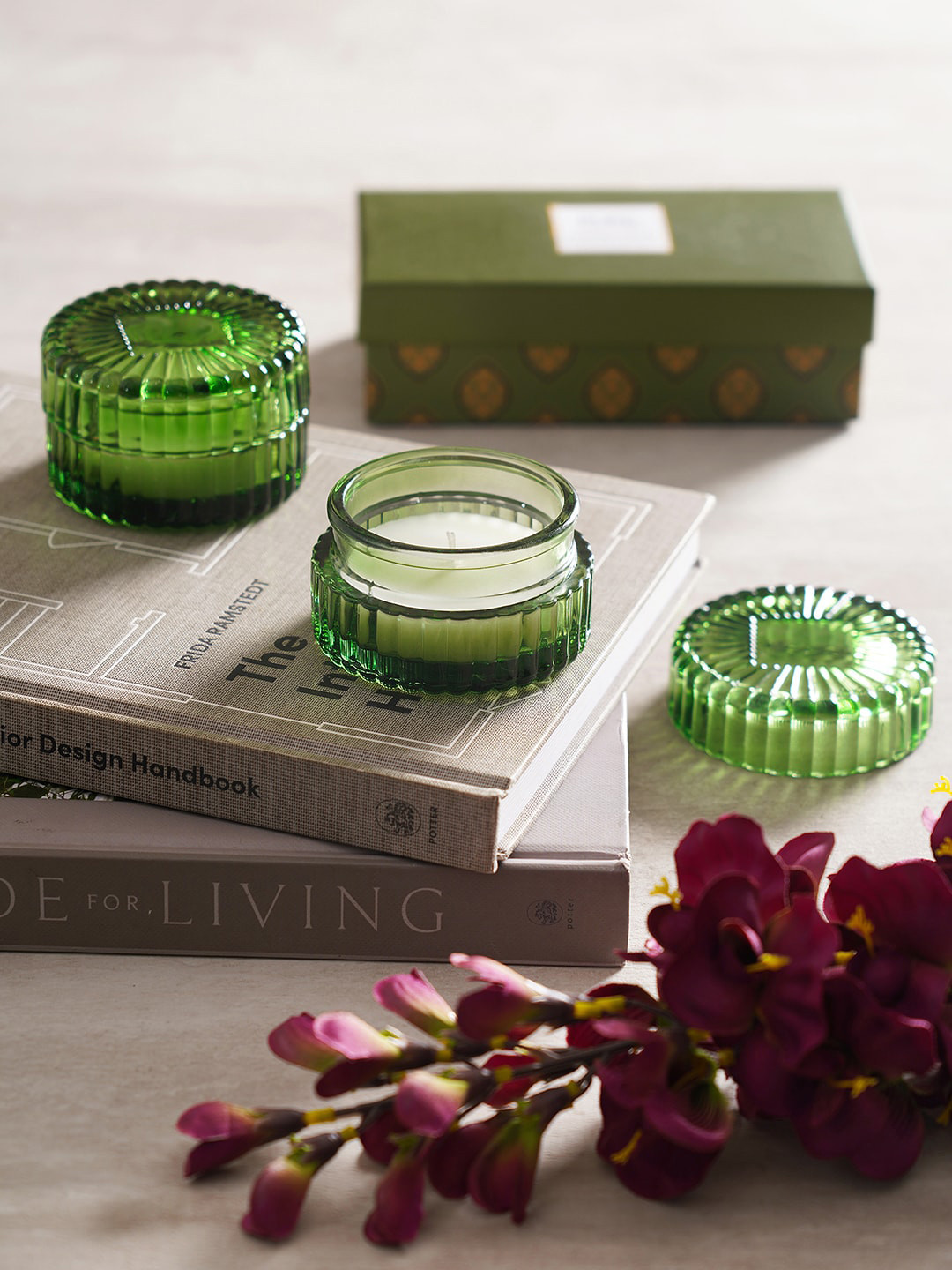 

Pure Home and Living Set of 2 Green Textured Wax Filled Candle Holders