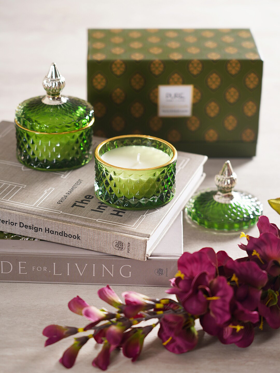 

Pure Home and Living Set Of 2 Green Textured Wax Filled Glass Jars