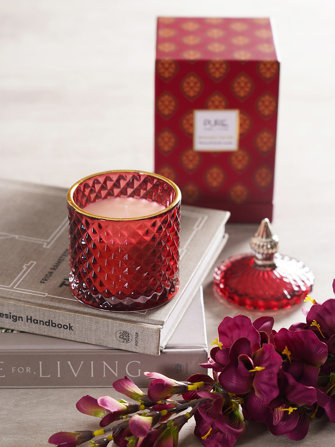 

Pure Home and Living Glass Red Textured Candle Holder With Lid