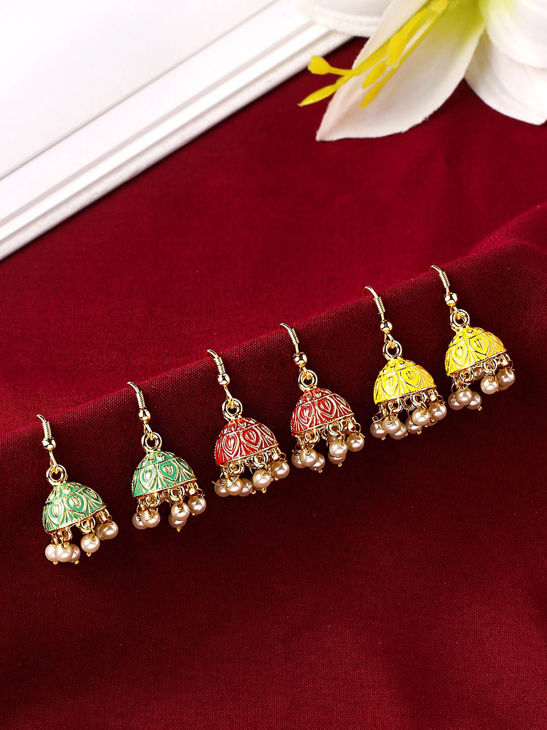 

Yellow Chimes Set of 3 Pairs Gold Plated Meenakari Jhumka Earrings, Green