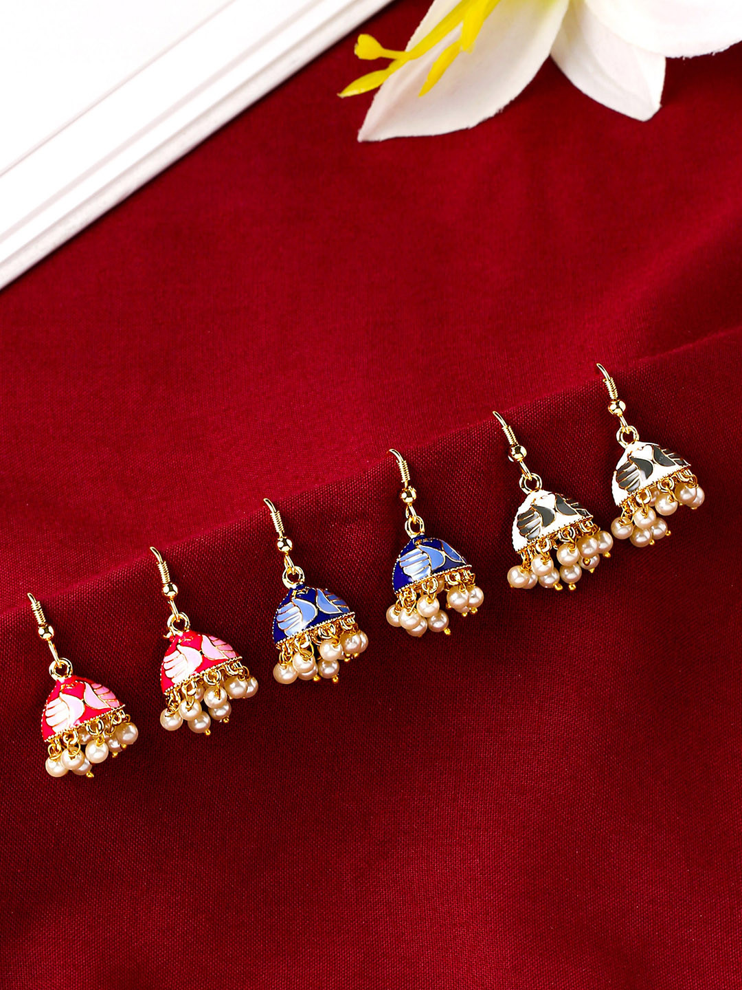 

Yellow Chimes Set of 3 Pairs Gold Plated Meenakari Jhumka Earrings, Pink