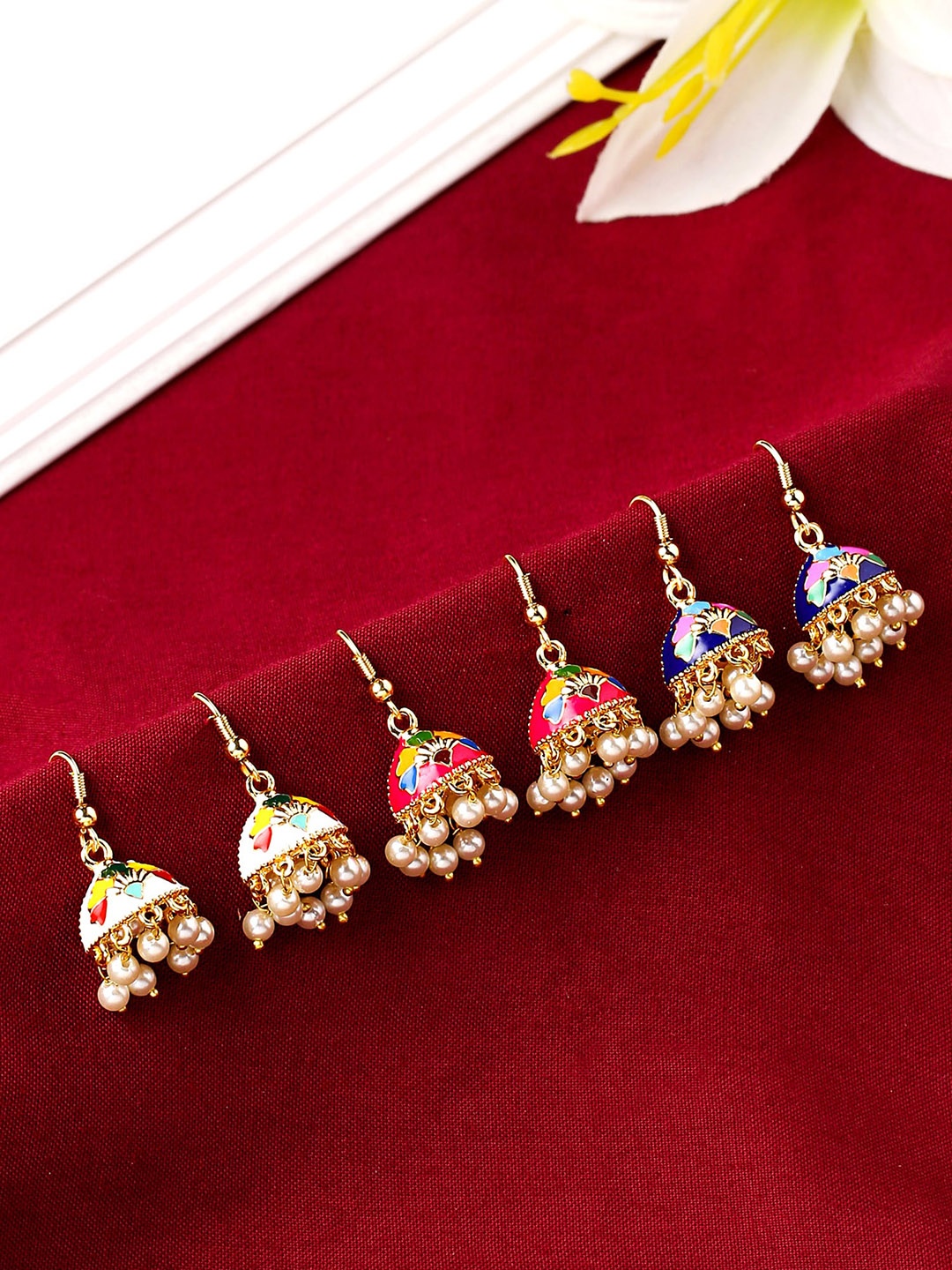 

Yellow Chimes Set of 3 Gold-Plated Meenakari Jhumka Earrings, White