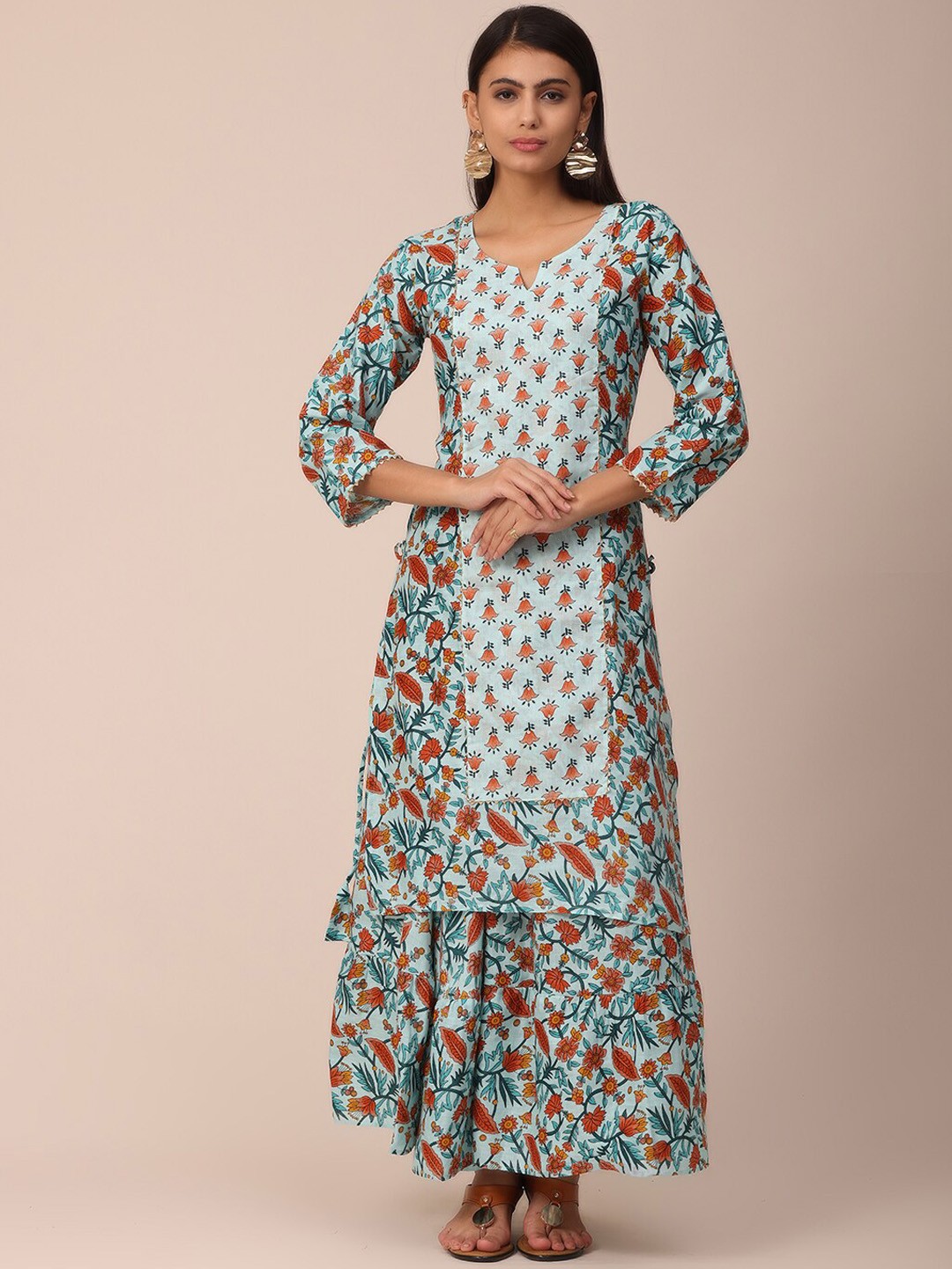 

NAYRA Women Blue Floral Printed Gotta Patti Pure Cotton Kurta with Sharara