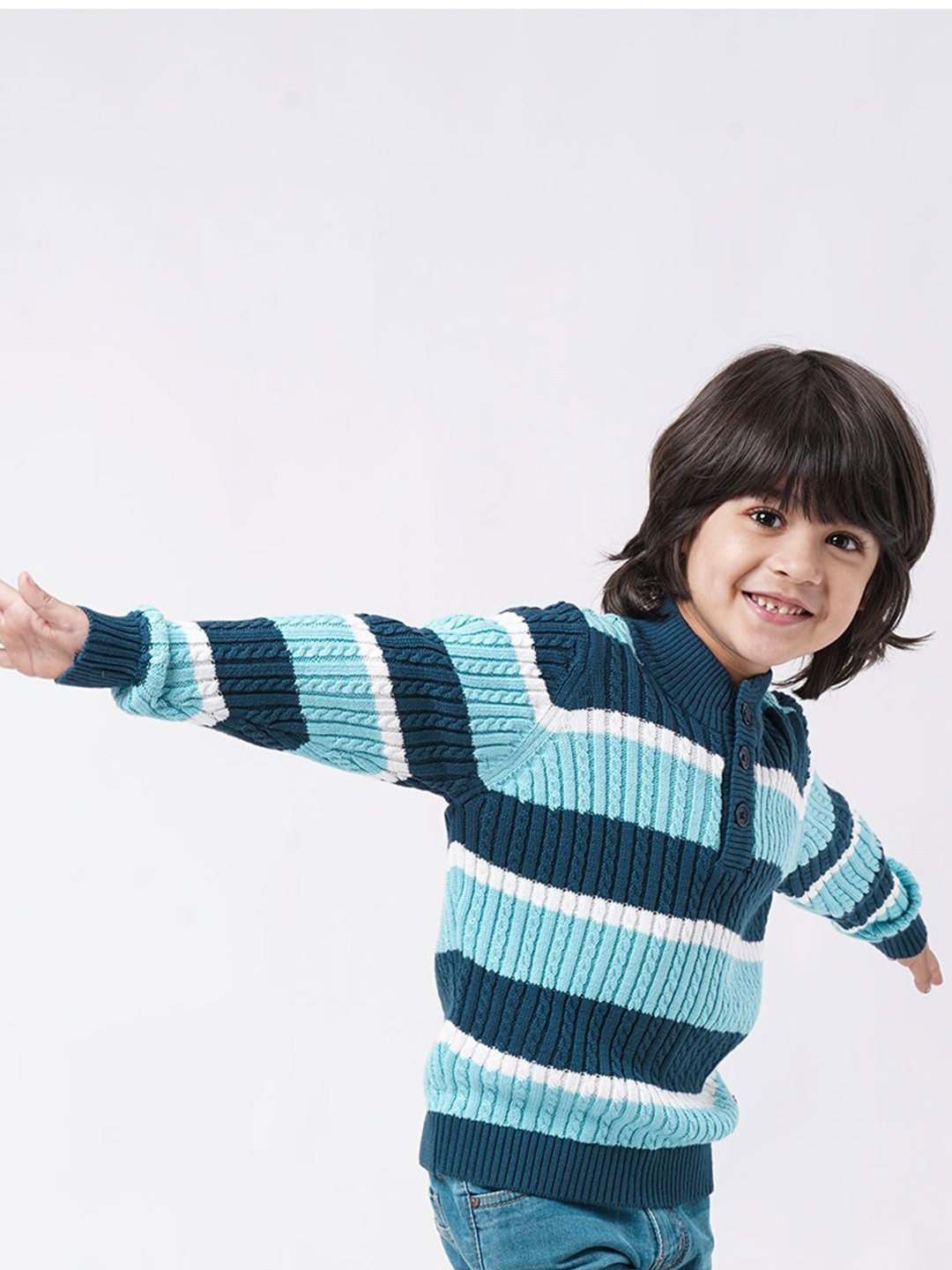 

Ed-a-Mamma Boys Blue & White Striped Henley Neck Sustainable Pullover Sweater