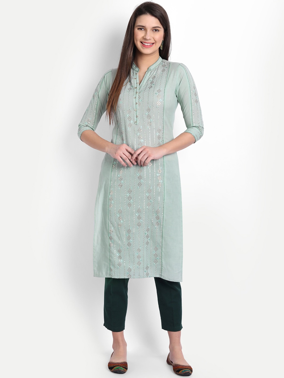 

HK colours of fashion Women Sea Green Thread Work Kurta