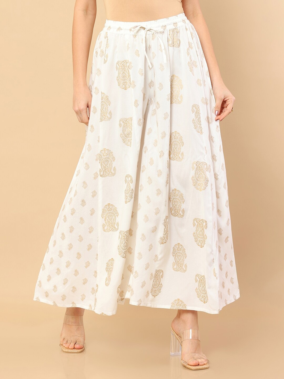 

Soch Women Off White & Gold-Toned Floral Printed Ethnic Palazzos