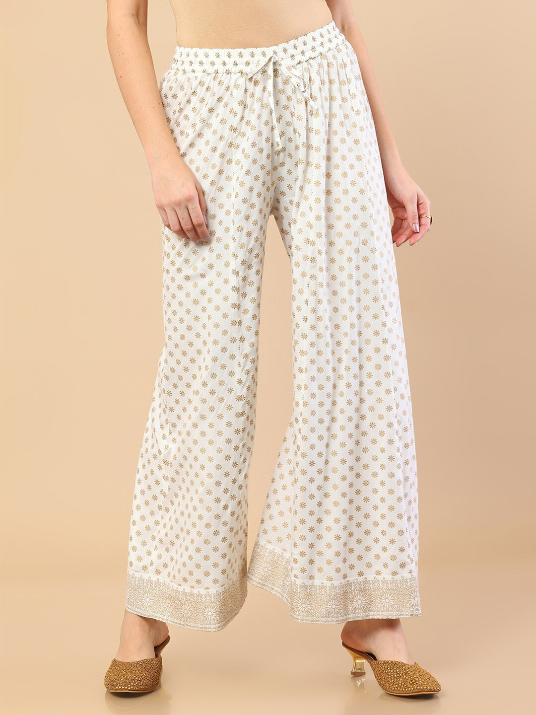 

Soch Women Women Off White & Gold Ditsy Floral Printed Ethnic Palazzos