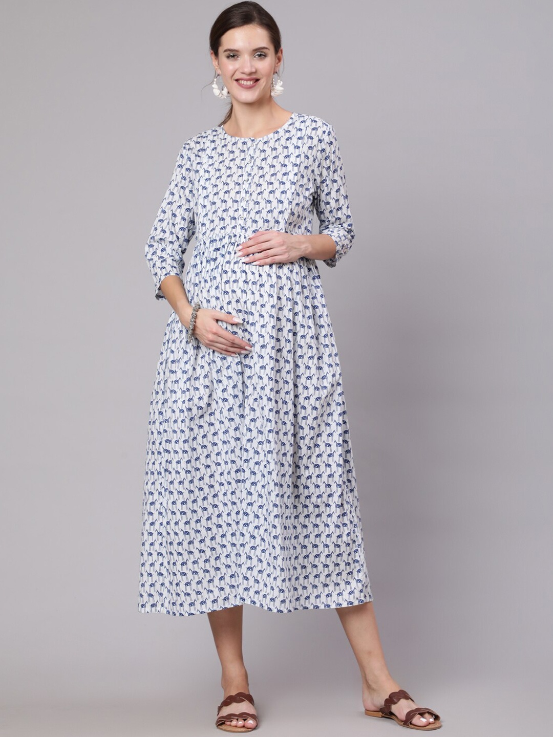

Nayo Women White & Blue Animal Printed Flared Maternity Midi Dress