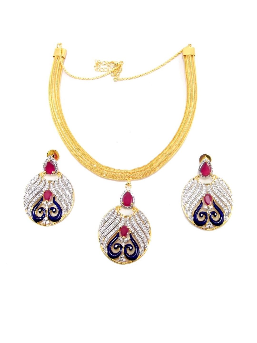 

FEMMIBELLA Gold-Plated White & Blue AD-Studded & Beaded Jewellery Set