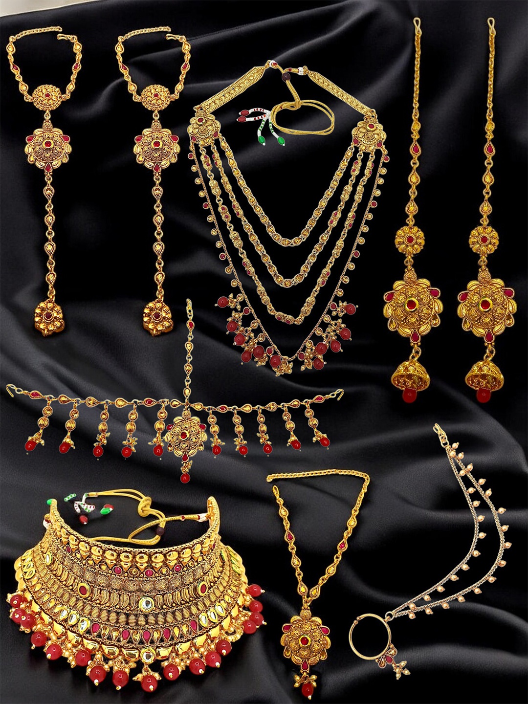 

FEMMIBELLA Gold-Plated Gold-Colored Stone-Studded & Beaded Jewellery Set