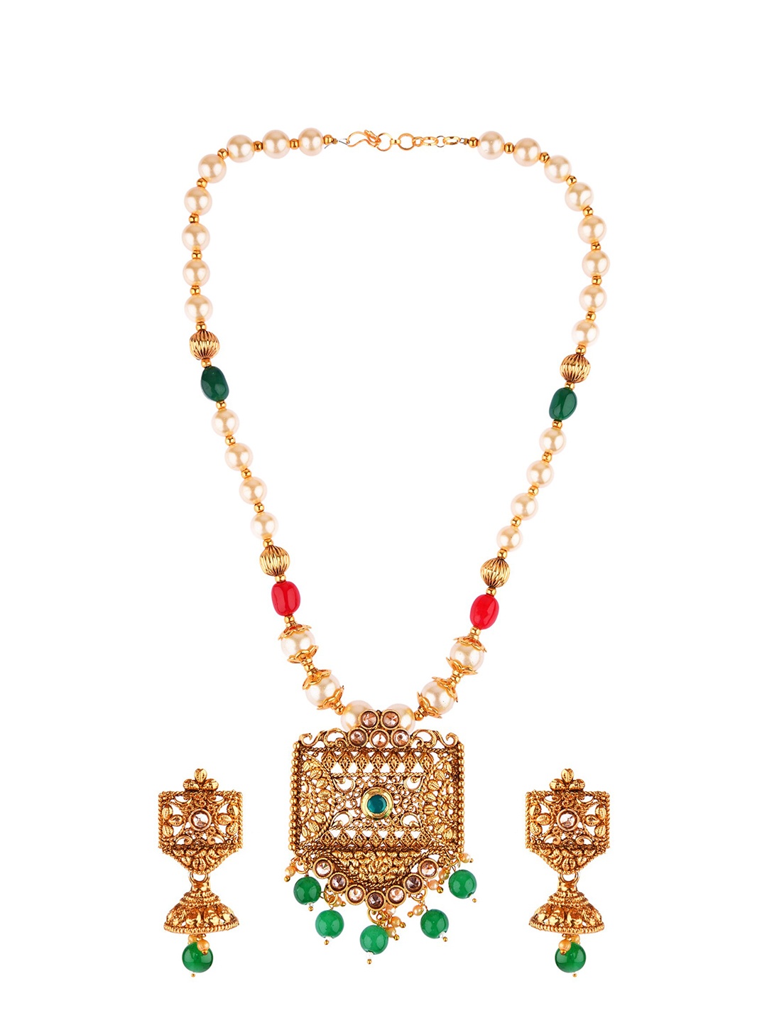 

FEMMIBELLA Gold-Plated Green & White Stone Studded & Beaded Jewellery Set