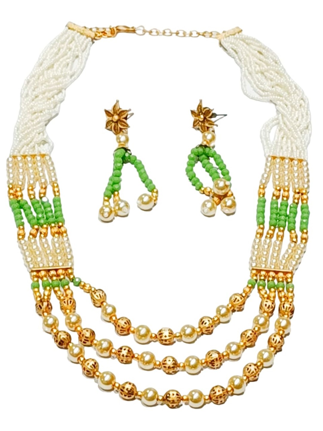 

FEMMIBELLA Gold-Plated Green Beaded Layered Jewellery Set