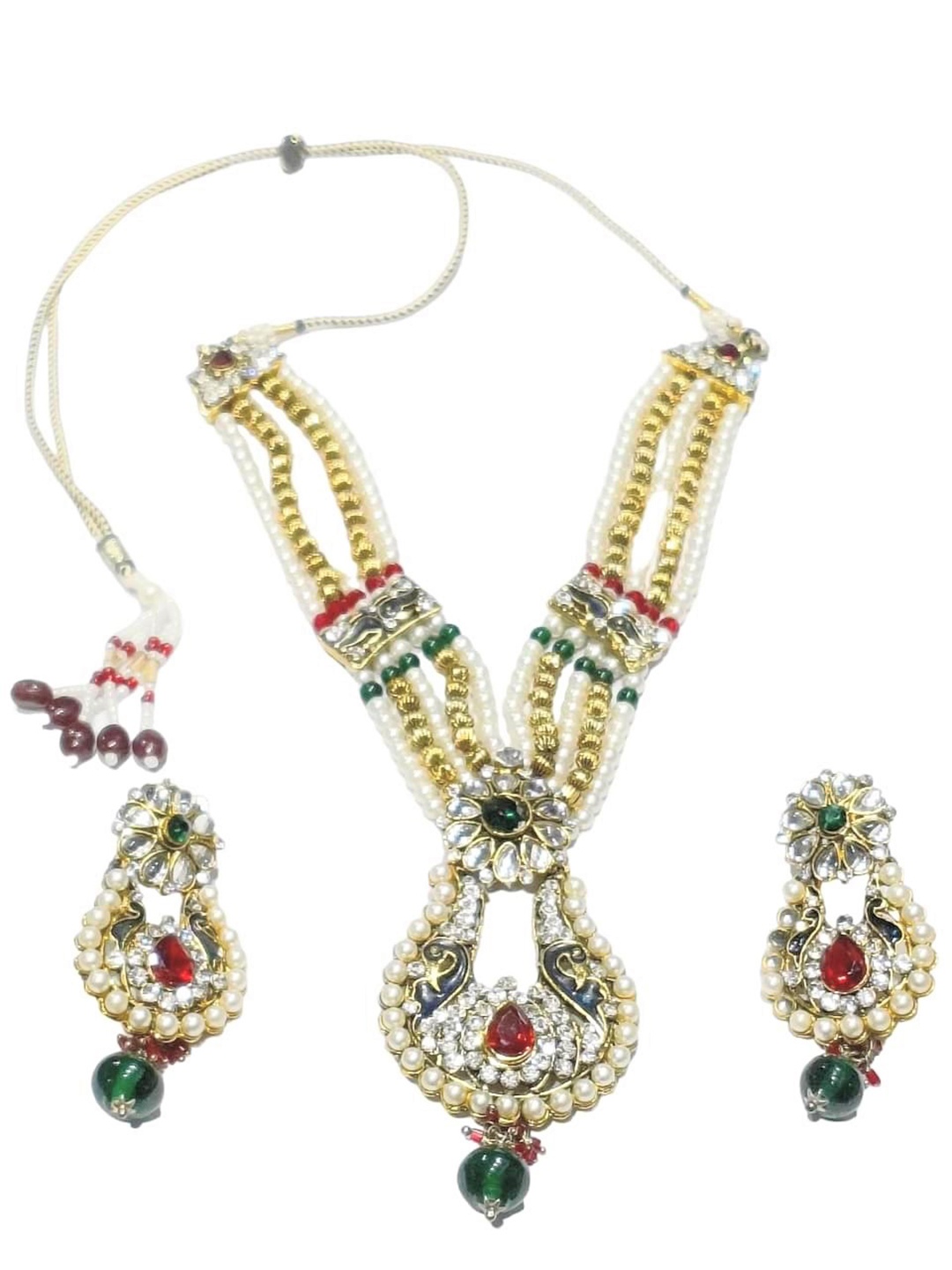 

FEMMIBELLA Gold-Plated White Stone-Studded & Beaded Jewellery Set