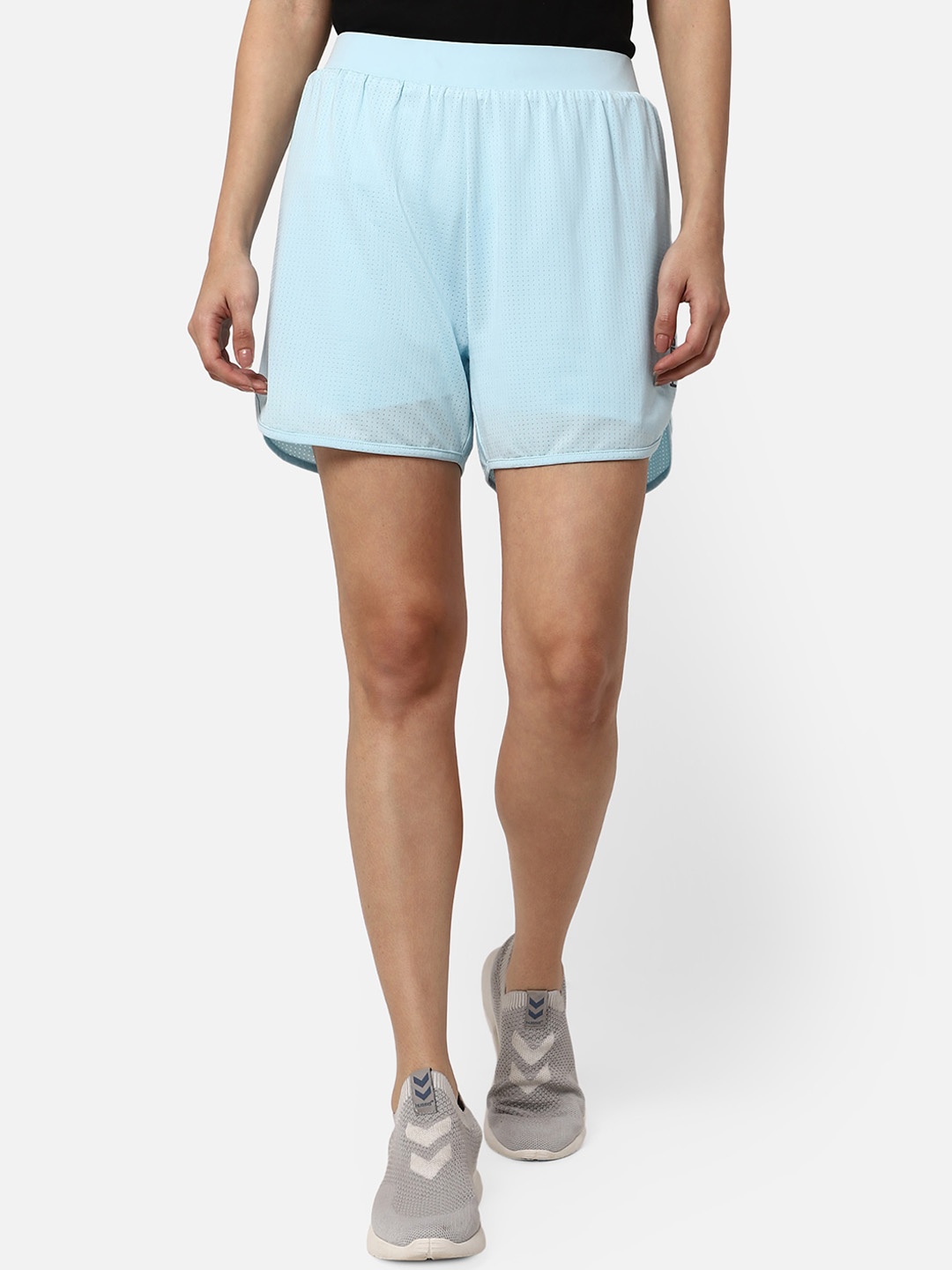 

hummel Women Blue Alucia Double Self Design Running Sports Shorts