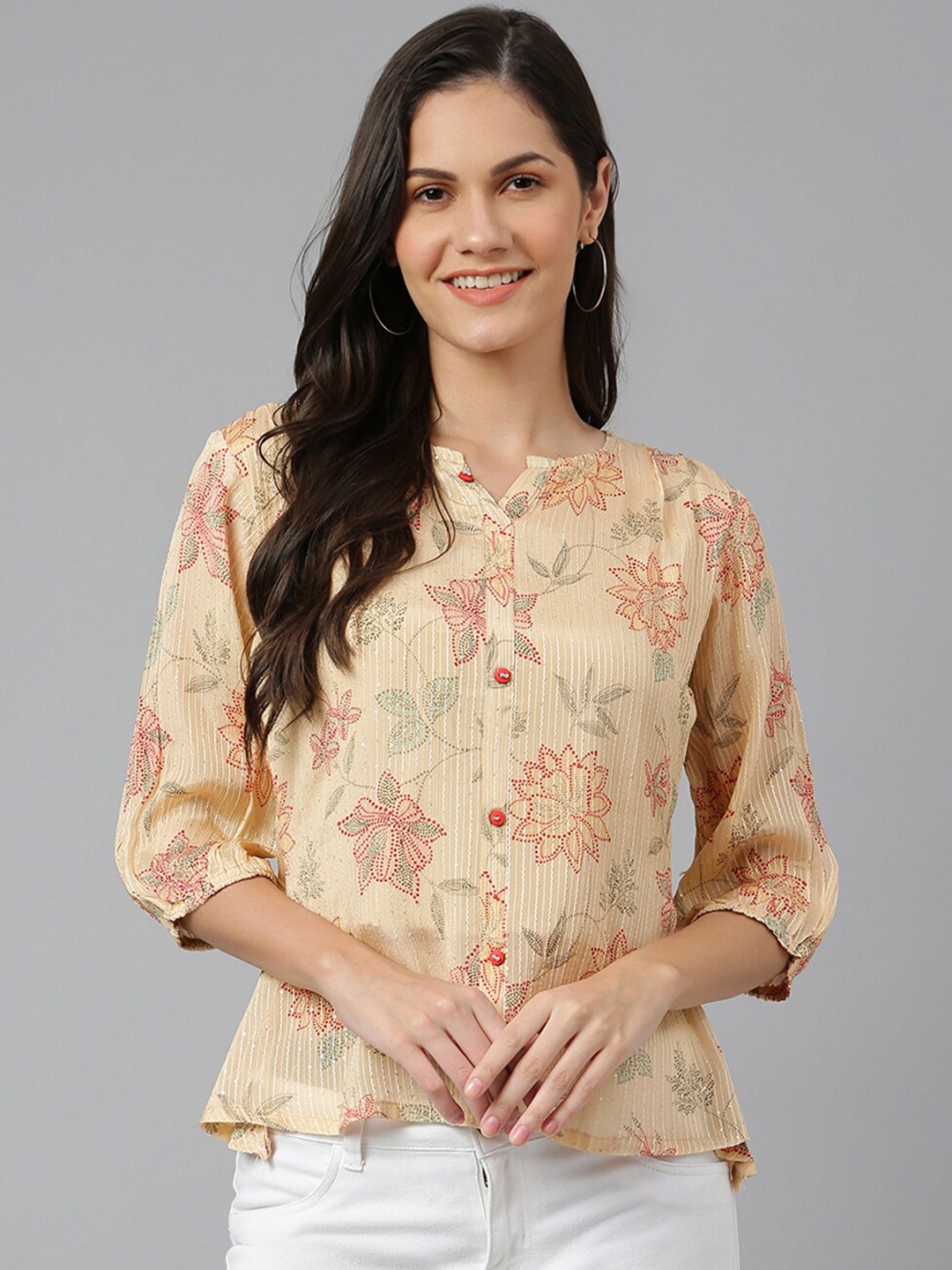 

Kiana Women Beige And Red Floral Print Mandarin Collar Shirt Style Top