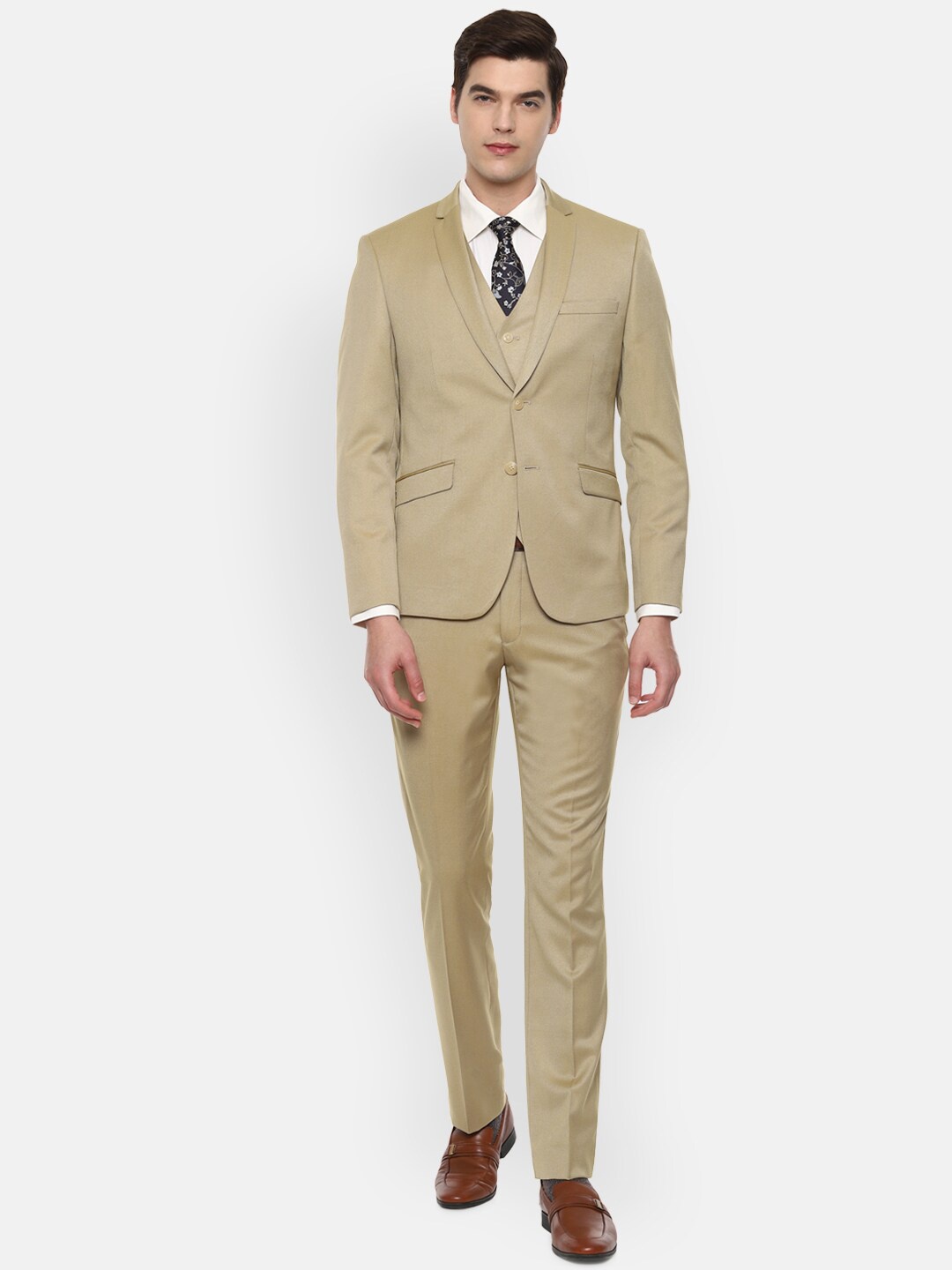 

V Dot Men Beige Solid 3 Piece Suits
