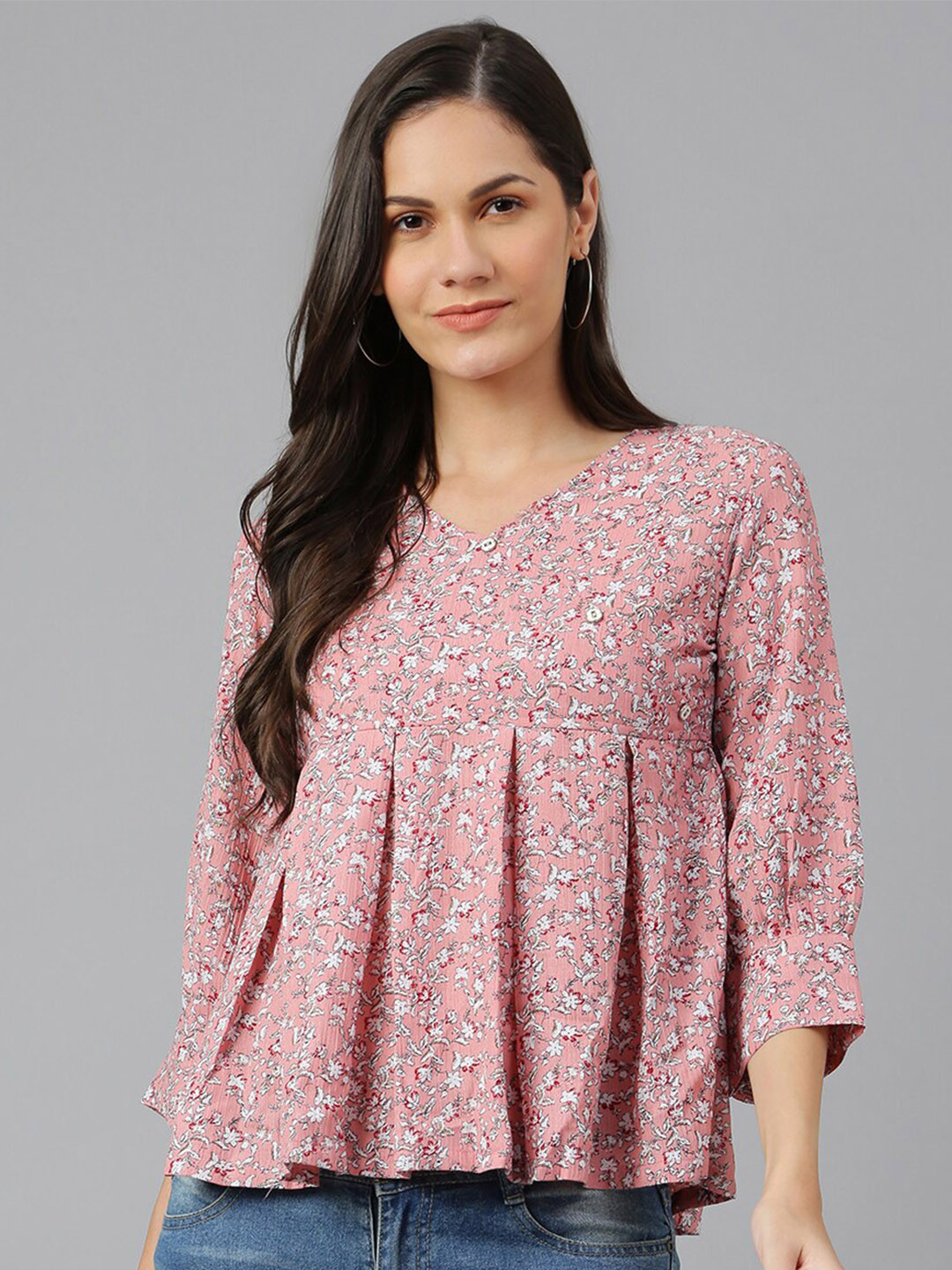

Kiana Women Pink Floral Print V-Neck Empire Top