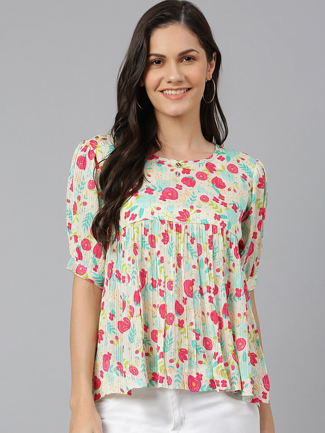 

Kiana Women Yellow & Red Floral Printed Polyester Round Neck Top
