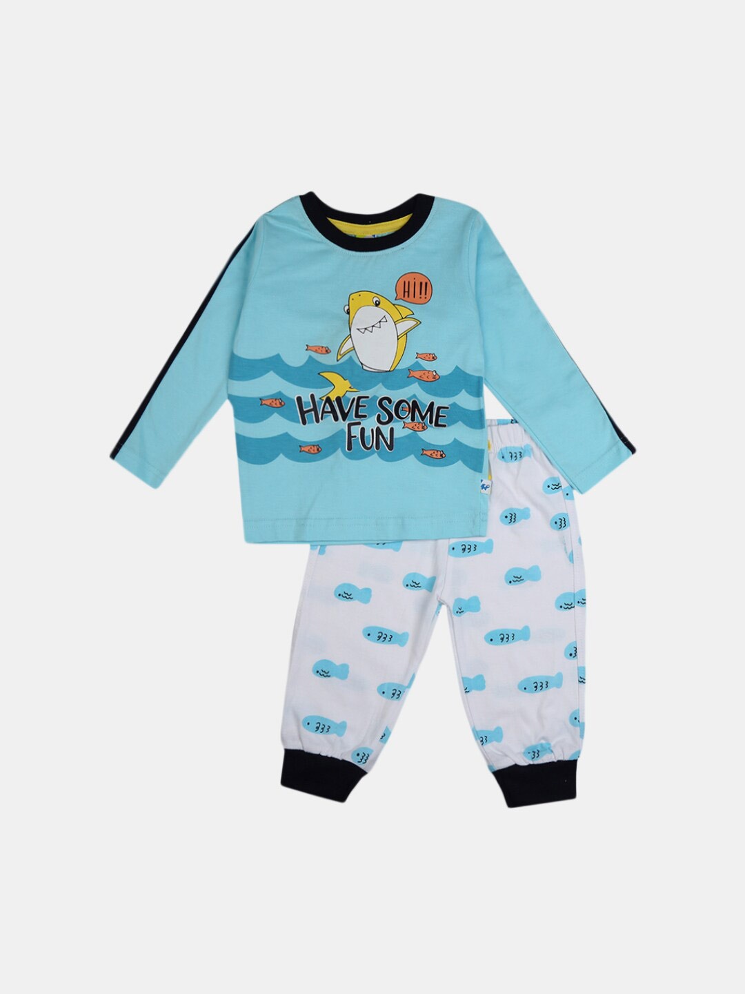 

V-Mart Unisex Kids Blue & White Printed Pure Cotton T-shirt with Trousers