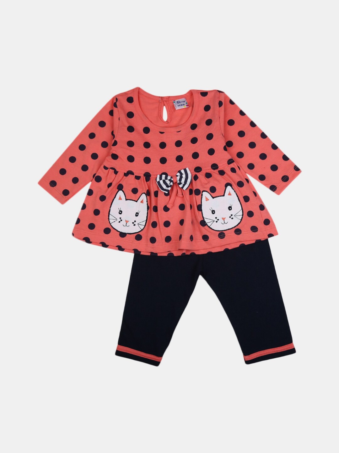

V-Mart Kids Coral & Navy Blue Printed Pure Cotton Top with Trousers