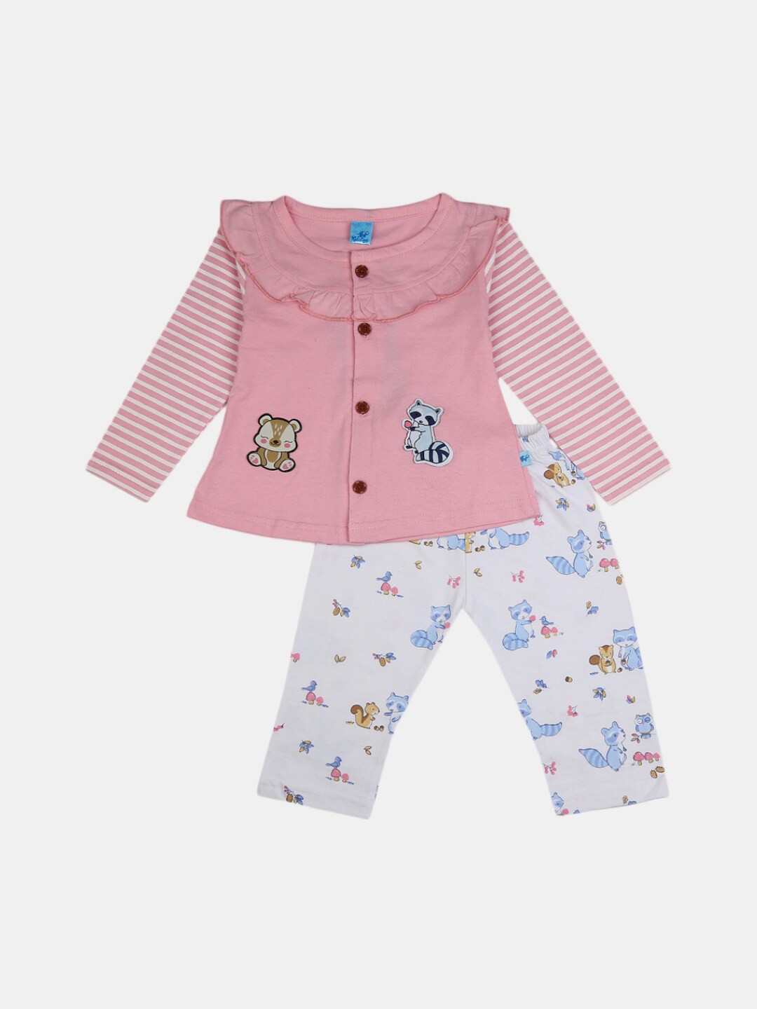 

V-Mart Kids Girls Pink And White Printed Pure Cotton Top With Pyjama