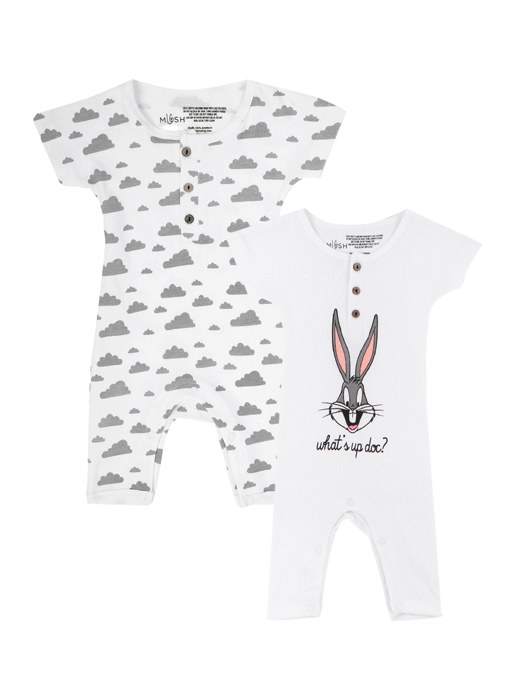 

MUSH Infant Kids Pack of 2 Printed Bamboo Rompers, White