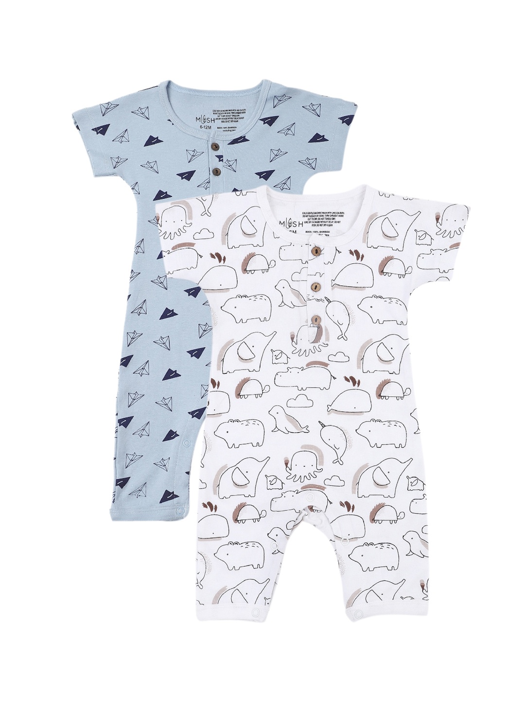 

MUSH Kids Pack Of 2 Printed Bamboo Rompers, White