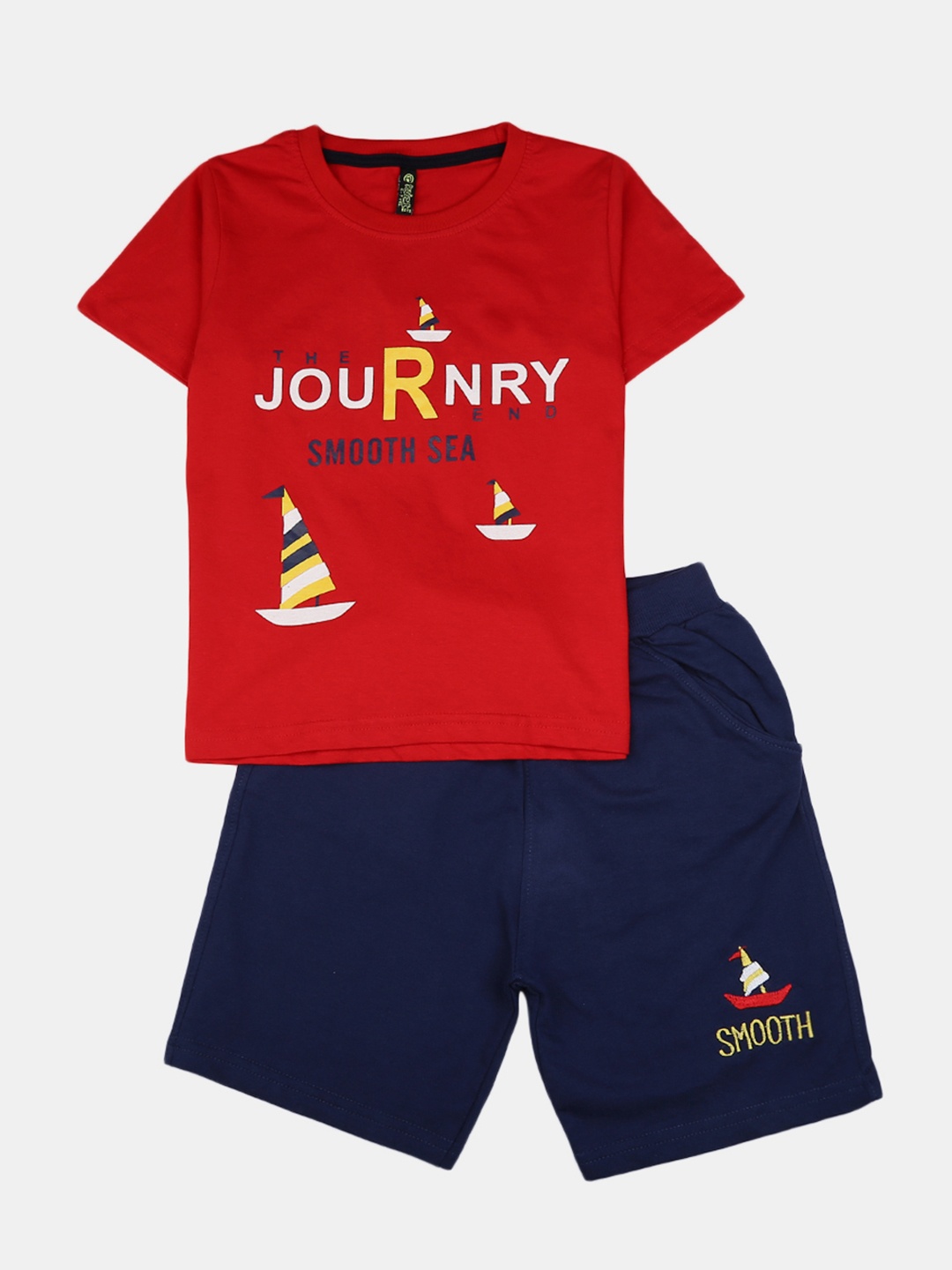 

V-Mart Unisex Kids Red And Navy Blue Printed Pure Cotton T Shirt With Shorts