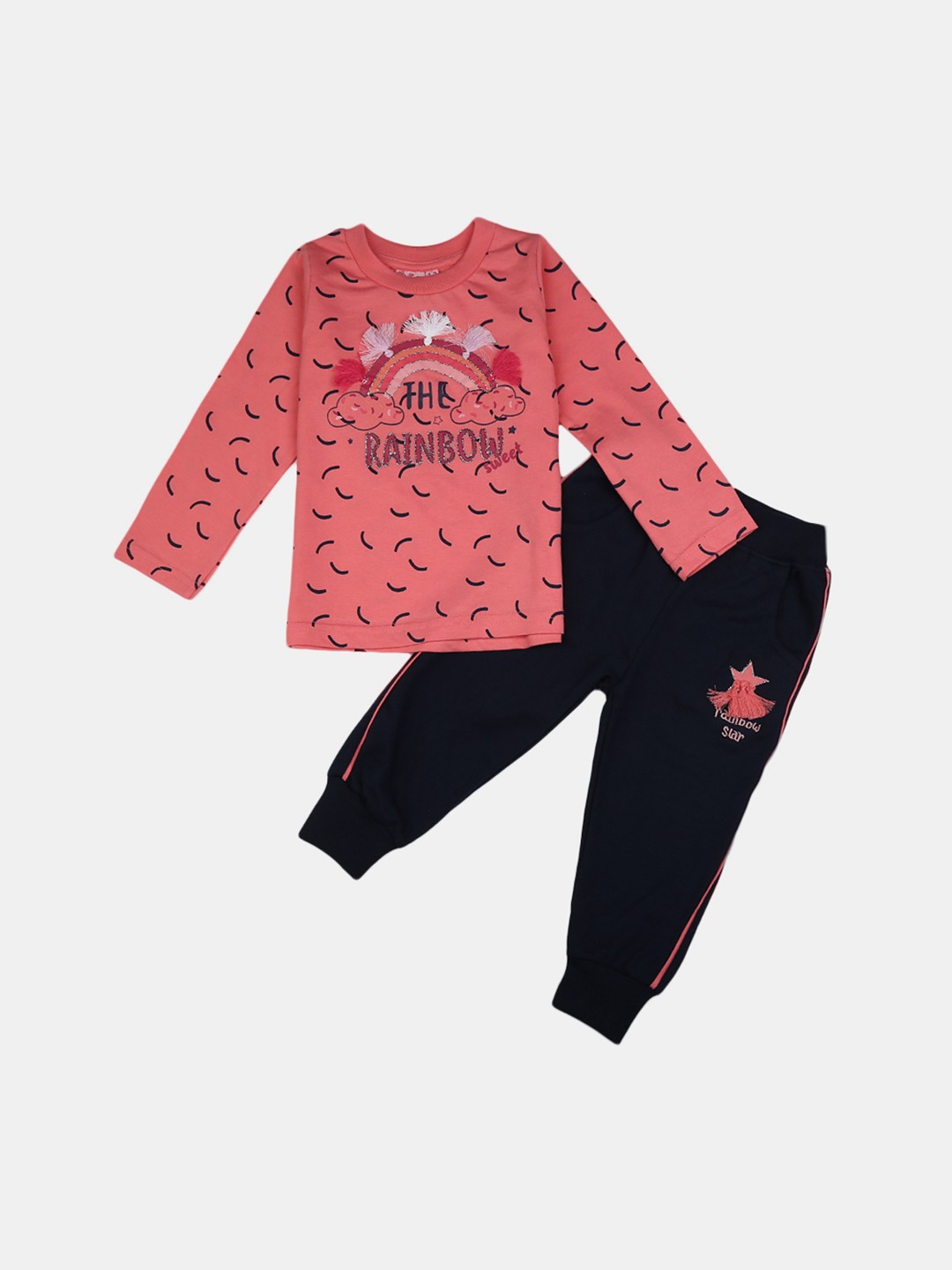 

V-Mart Kids Girls Peach & Black Printed T-shirt with Pyjamas