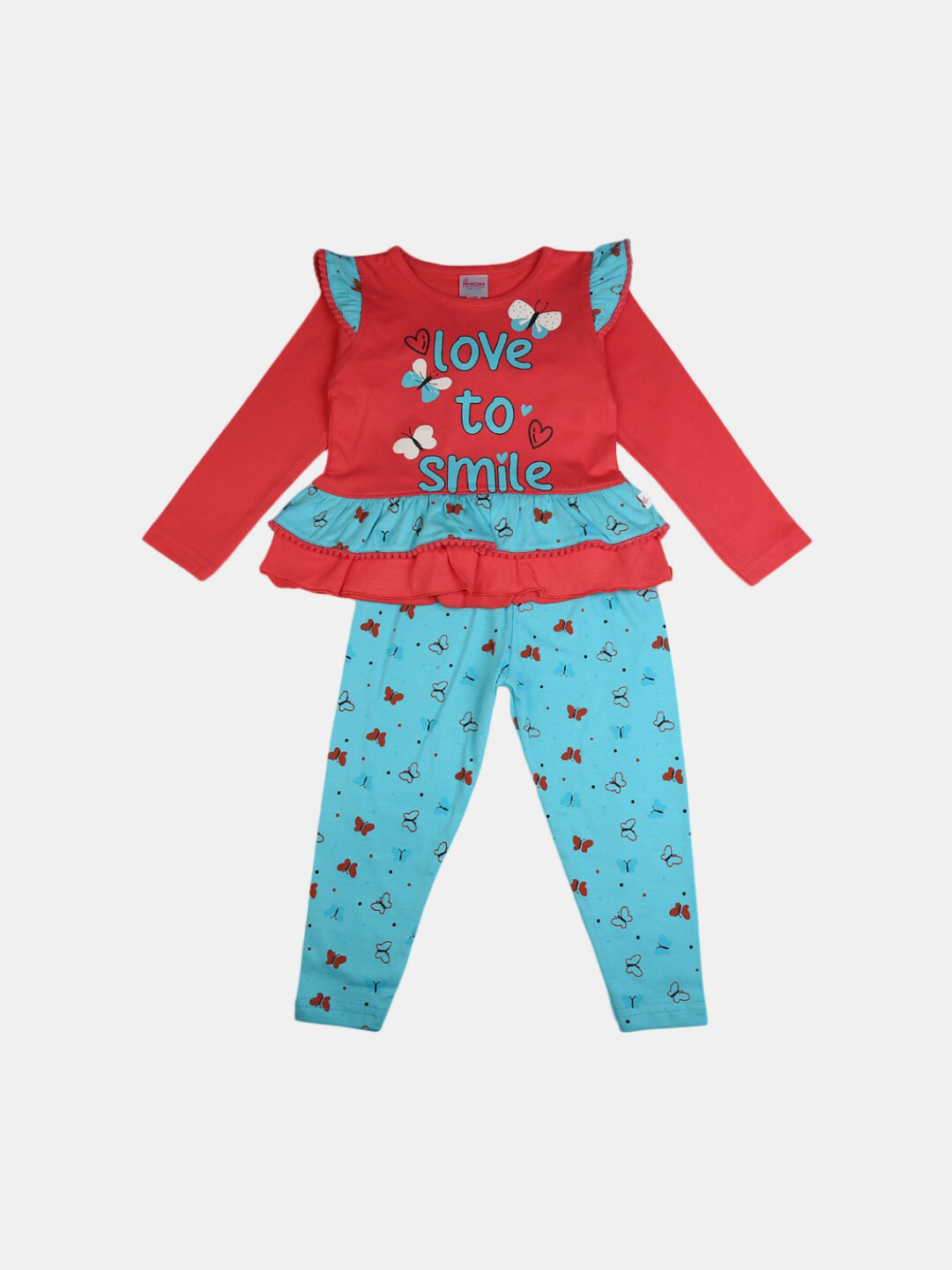 

V-Mart Girls Red & Blue Printed Pure Cotton Top with Trouser