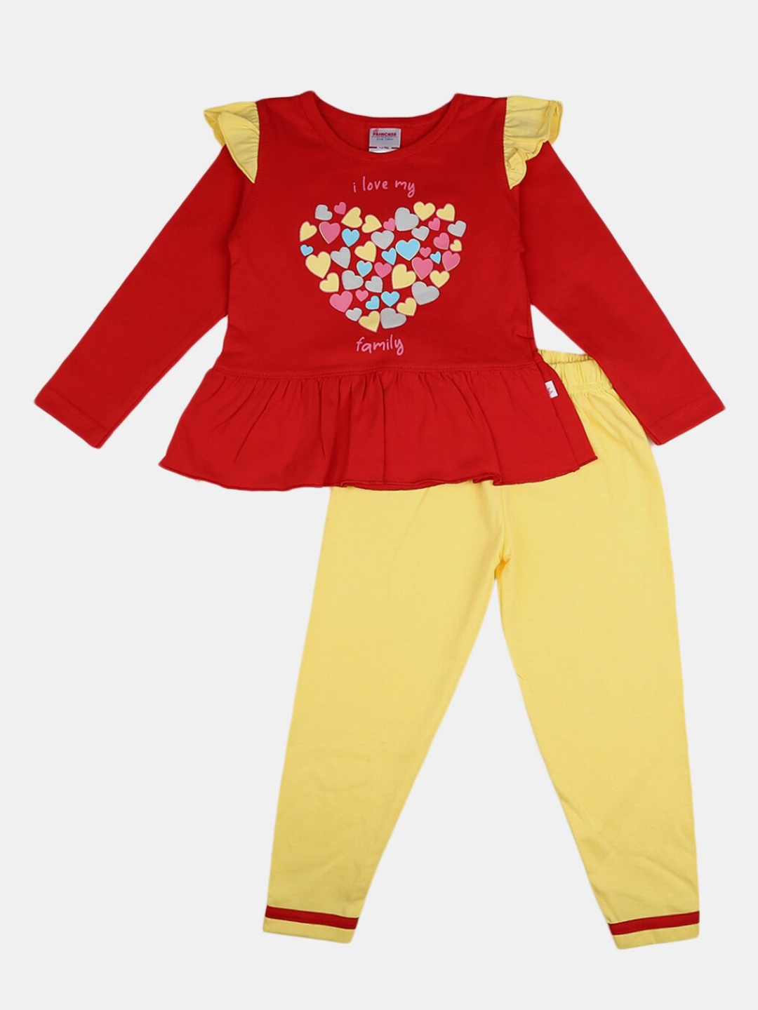 

V-Mart Unisex Kids Red & Yellow Printed Pure Cotton T-shirt with Pyjama