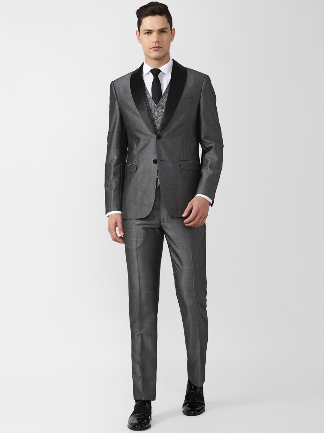 

Van Heusen Men Grey Checked Slim-Fit Single-Breasted four-Piece Formal Suits