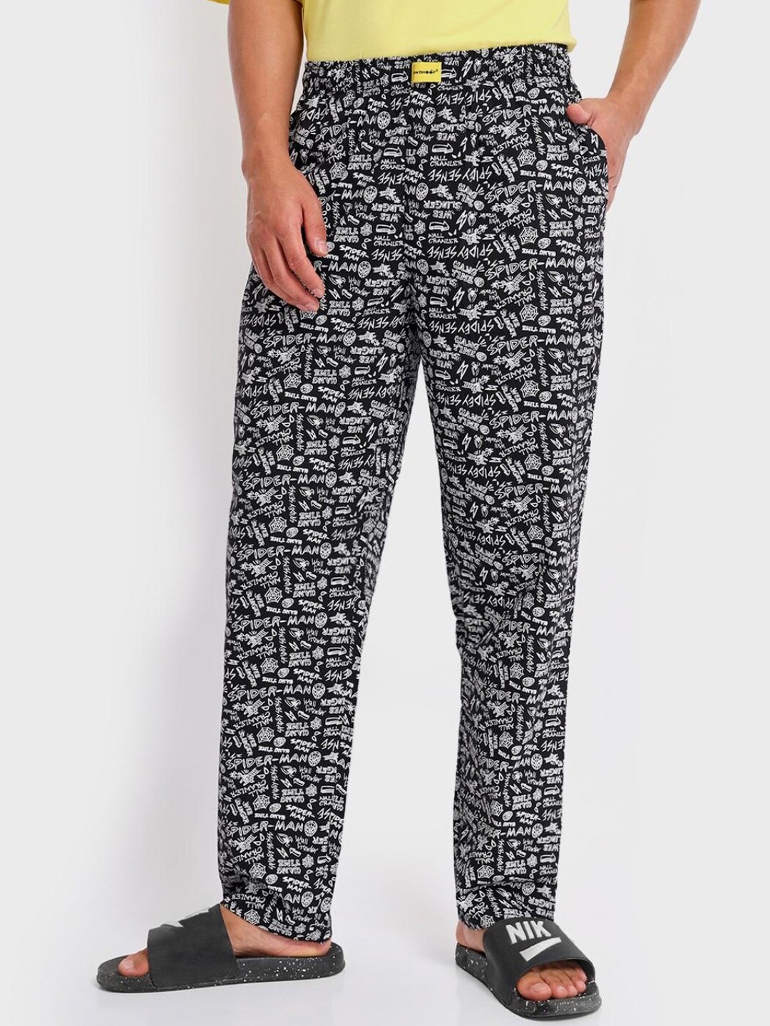 

Bewakoof Men Graphic Printed Cotton Lounge Pants, Black