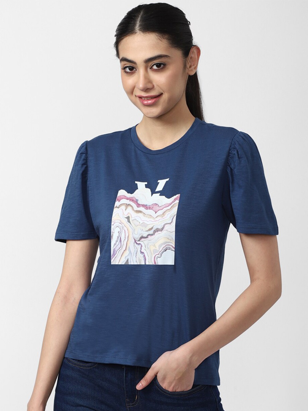 

Van Heusen Woman Navy Blue Round Neck Printed Pure Cotton Top