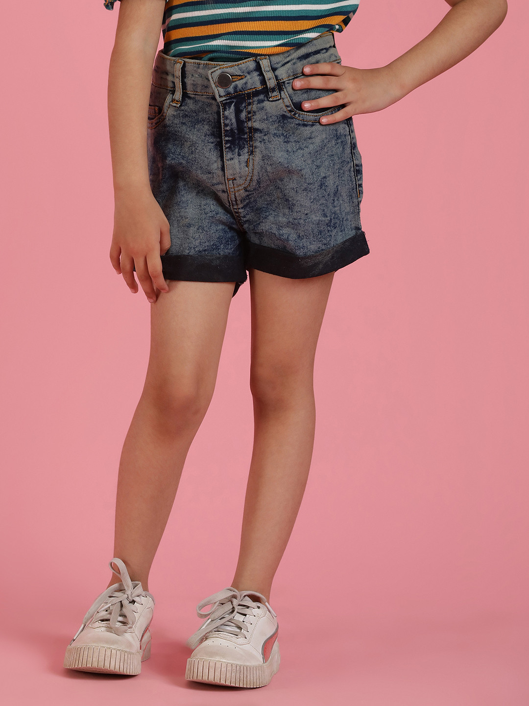 

TALES & STORIES Girls Blue Cotton Blend Regular Fit Solid Denim Shorts