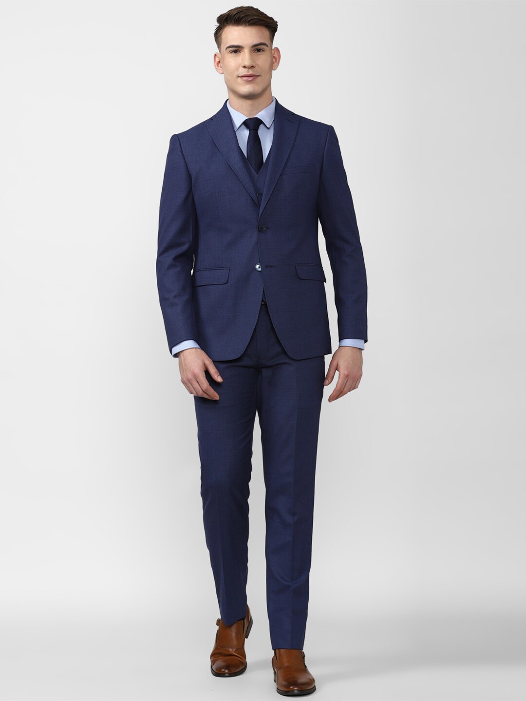 

Peter England Elite Men Navy Blue Textured Single-Breasted Slim-Fit Three-Piece Formal Suit