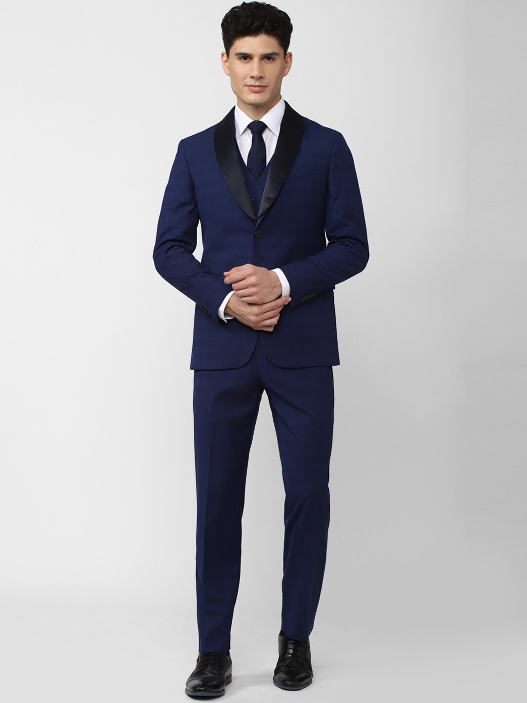 

Peter England Elite Men Navy Blue Checked Single-Breasted Slim-Fit Three-Piece Formal Suit