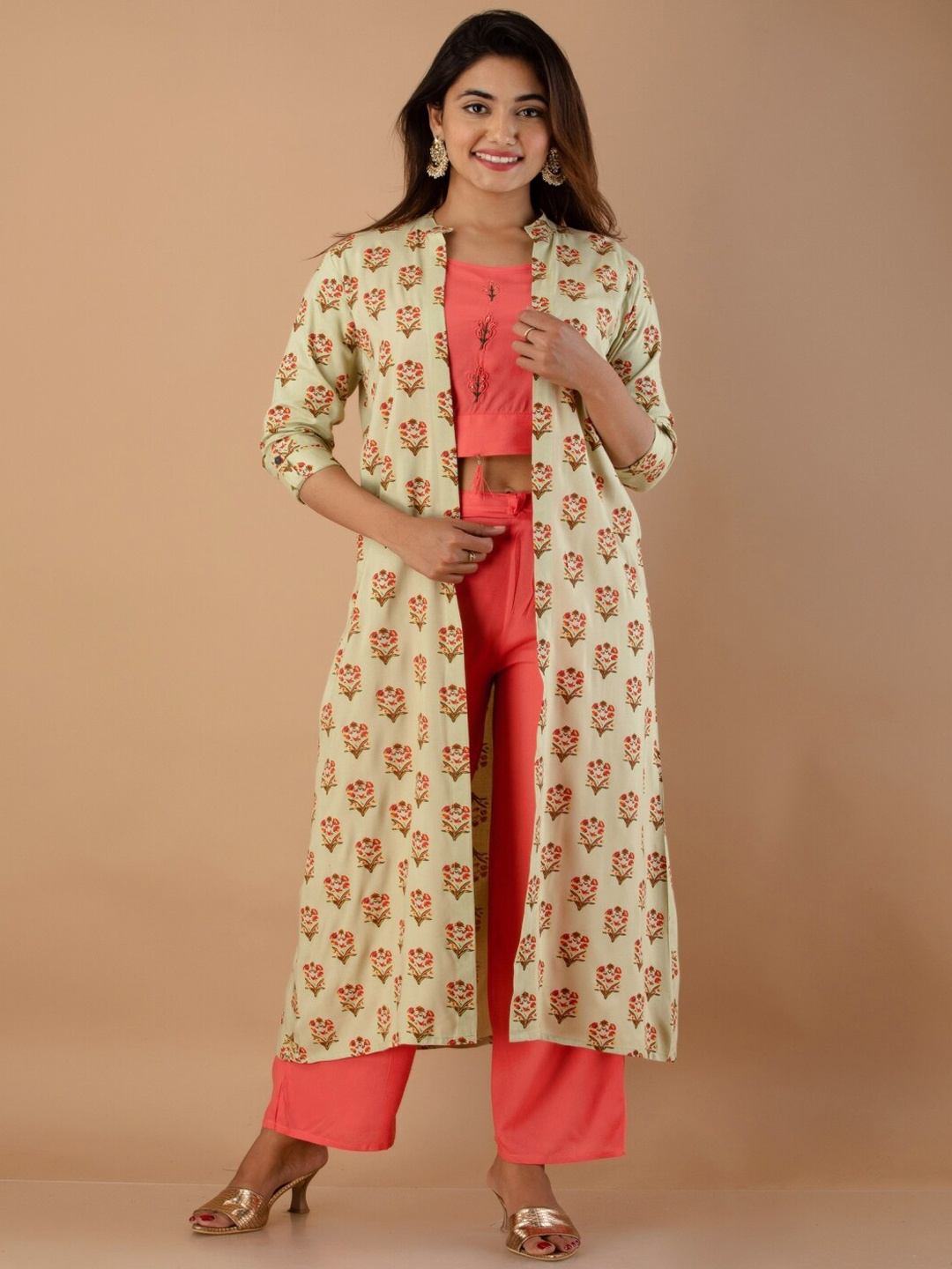 

RUHAZAT Women Orange Floral Thread Work Top with Trousers