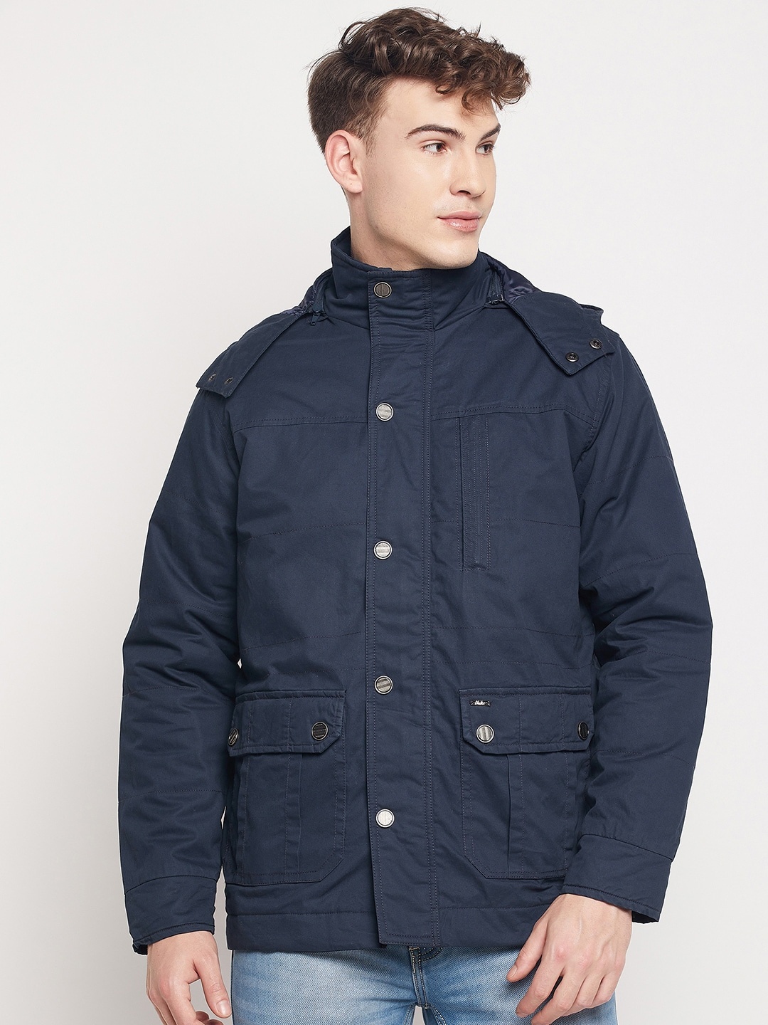 

Duke Men Blue Solid Hooded Cotton Bomber Jacket