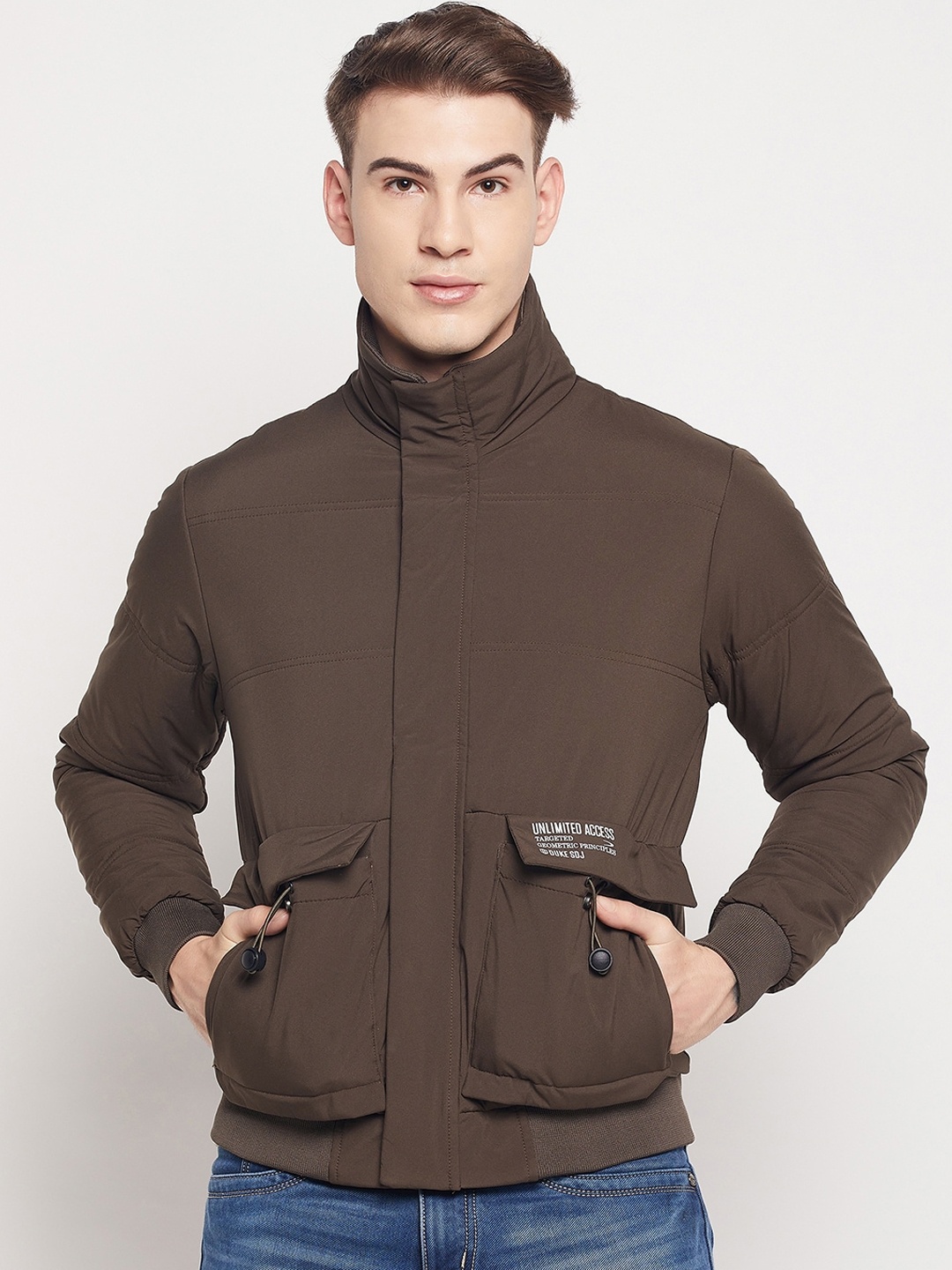 

Duke Men Brown Solid Mock Collar Bomber Jacket