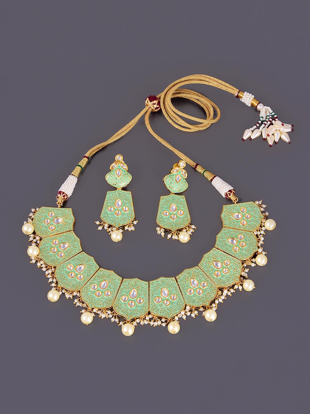 

Tistabene Gold-Plated Floral Enamelled Designer Jewellery Set, Green