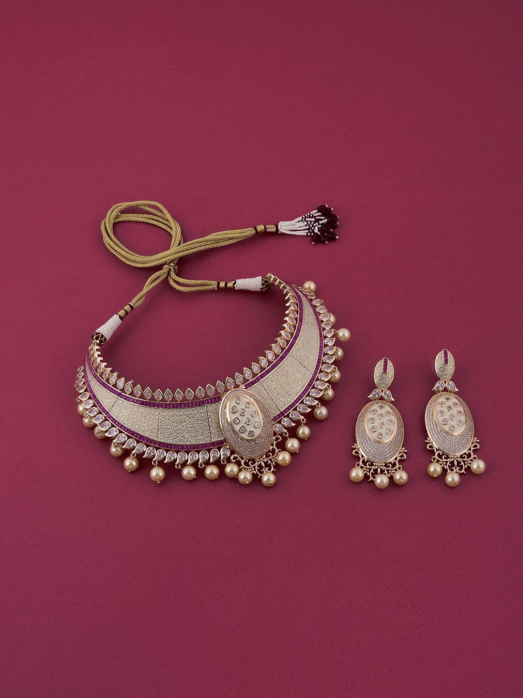 

Tistabene Red Gold-Plated Artificial Stones & Beads Studded Jewellery Set