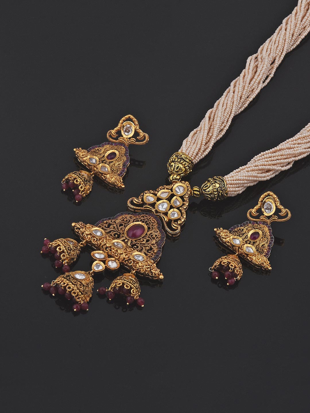 

Tistabene Gold-Plated Red Stones & Pink Pearls Necklace Set