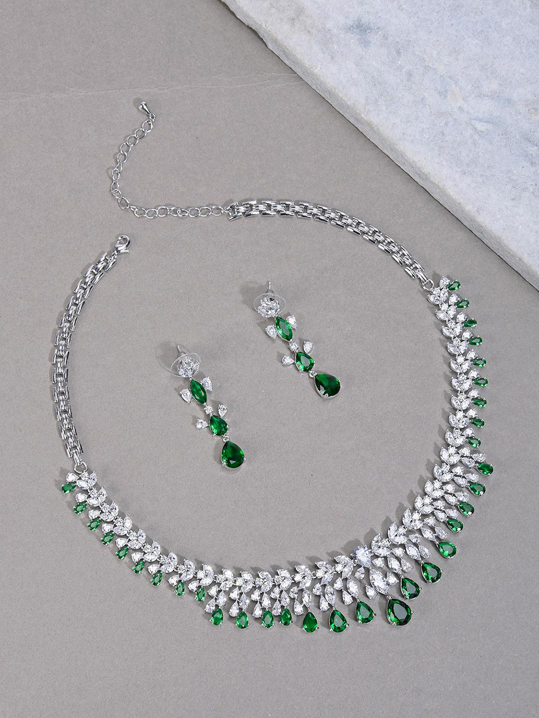 

Tistabene Rhodium-Plated & Green Embellished Jewellery Set