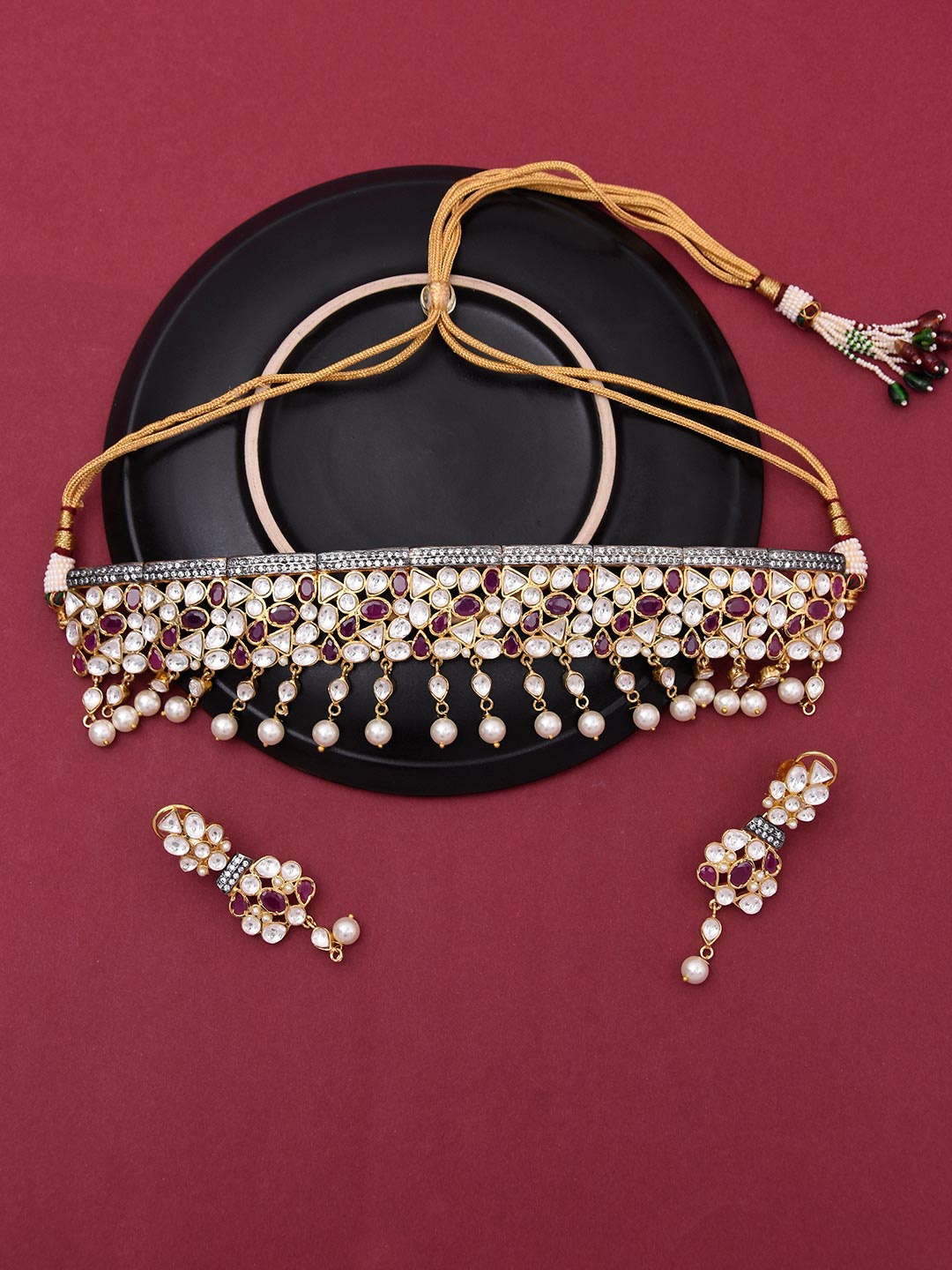 

Tistabene Gold-Plated White & Red Stone-Studded & Beaded Jewellery Set