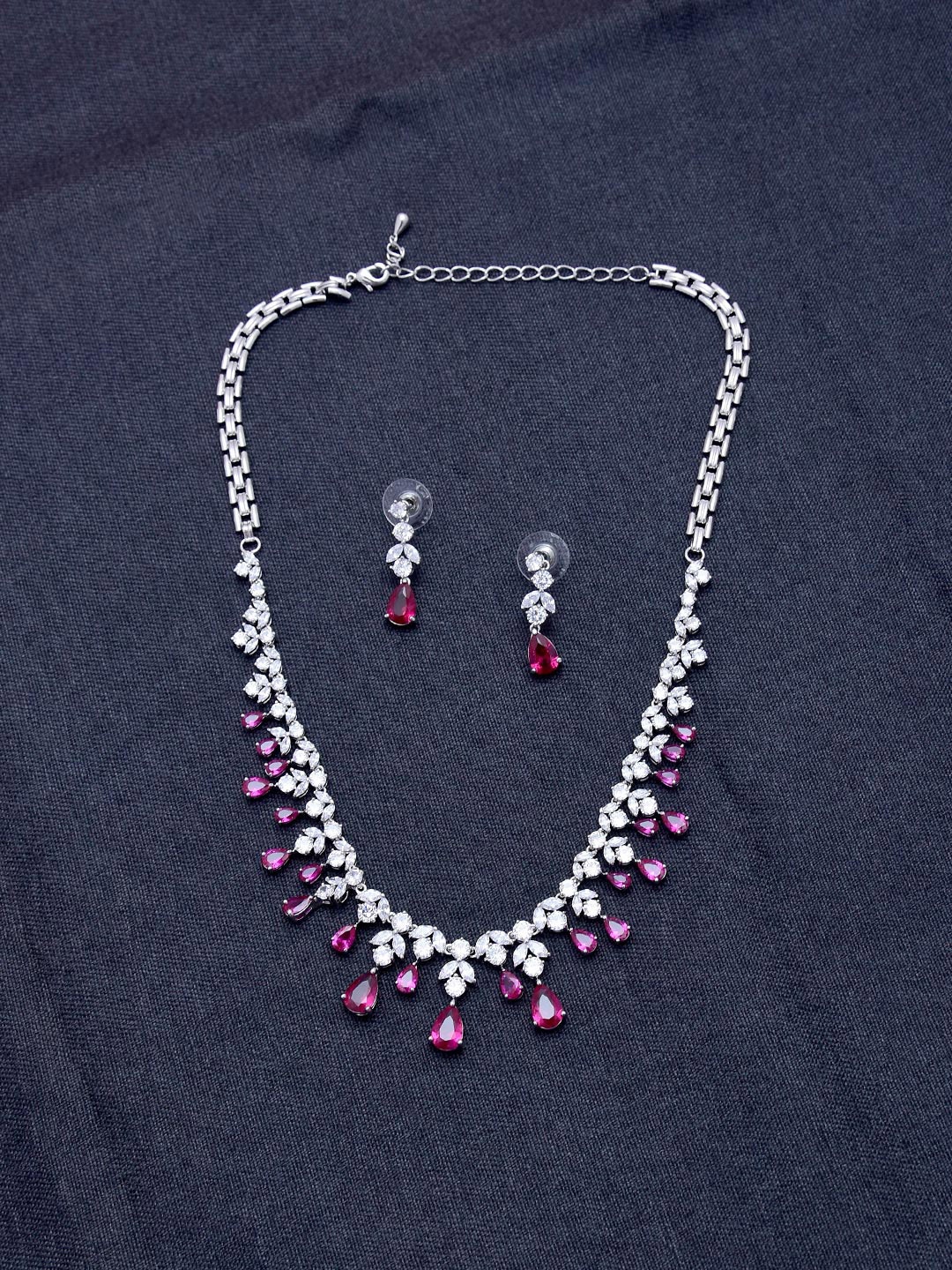 

Tistabene Rhodium-Plated Red Stone-Studded Jewellery Set, Silver