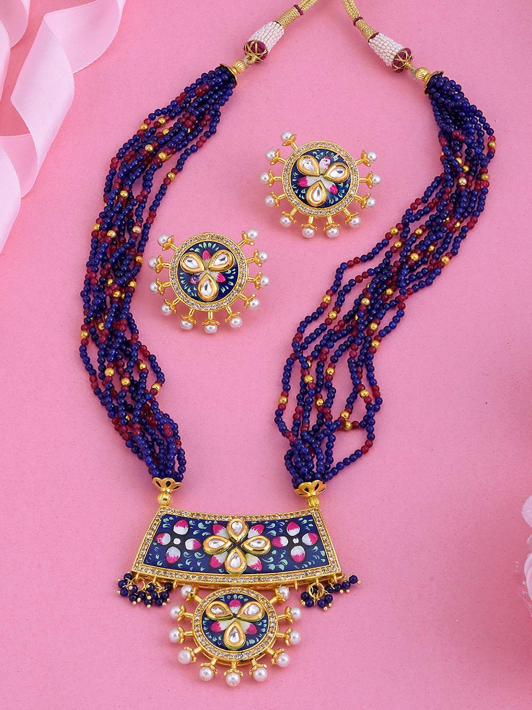

Tistabene Gold-Plated Blue Stones Studded & Beaded Enamelled Jewellery Set
