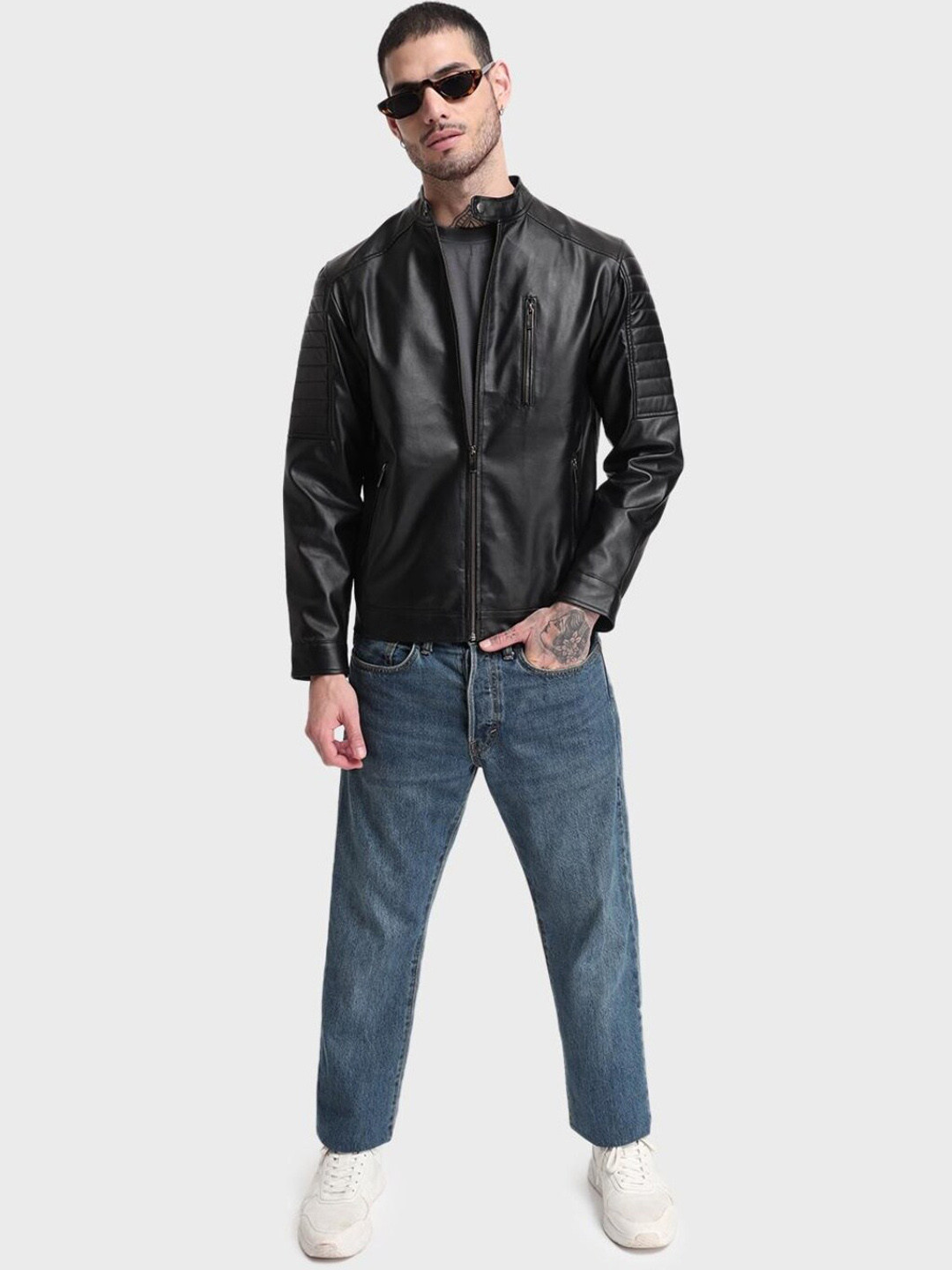 

Bewakoof Men Black Solid PU Biker Jacket